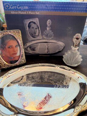 Gift Gallery, Silver Plated Perfume Bottle and Picture Frame on Ornate Tray -NIB